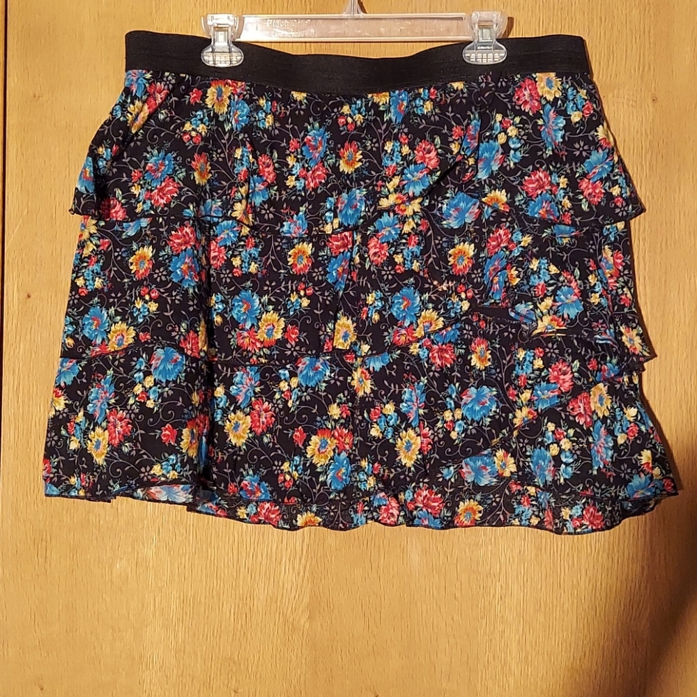 Ruffled skirt, black with red, yellow blue floral